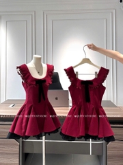 Đầm đỏ cổ sen nơ đen