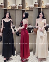 Đầm lụa cổ đỗ dây đính hoa - Kem