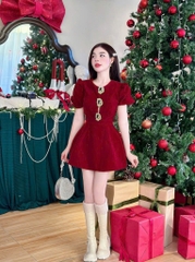 Đầm nhung đỏ tay phồng nhún khoét eo kèm tag