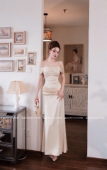 Đầm lụa 2 dây trễ vai - Kem