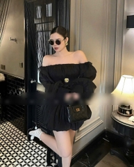 Đầm xòe phồng trễ vai tay dài - Đen