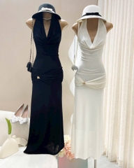 Đầm ôm body maxi thun ánh kim cổ đỗ trước