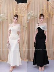Đầm trễ vai lụa phối tơ hoa đá - Đen