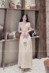 Đầm lụa cổ đỗ dây đính hoa - Kem