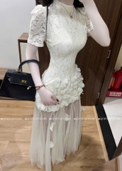 Đầm tay ngắn đuôi cá voan đính hoa - Kem