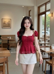 Áo ôm babydoll nút bọc - TRƠN ĐỎ