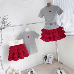 Set áo thun ôm body thêu x chân váy tầng