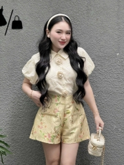 Set áo trắng ren hoa quần gấm