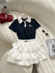 Set áo cổ polo chân váy tầng xòe - Đen