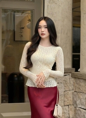 Áo ren ôm body cổ tròn tay dài - Kem 1505
