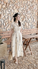 Đầm midi nude nền hoa cổ tròn - Freesize dưới 55kg