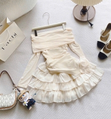 Set áo nude trễ vai x chân váy tầng