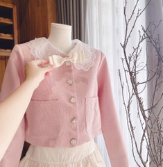 Set crop dạ hồng cổ sen td x chân váy tầng