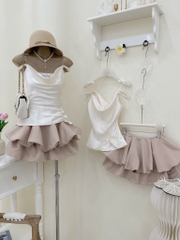 Set áo 2 dây chân váy bí nude tiểu thư