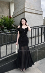 Đầm ôm body trễ vai đá ngực - Đen