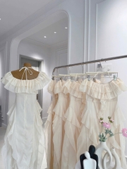 Đầm midi trễ vai kem