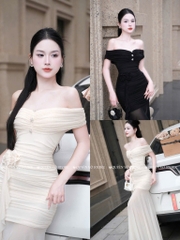 Đầm ôm body trễ vai đá ngực - Đen