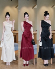 Đầm lụa lệch vai xếp ly eo - Đen