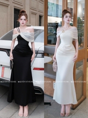 Đầm trễ vai lụa phối tơ hoa đá - Kem