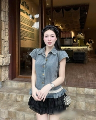 Set áo jean lai bèo chân váy tầng