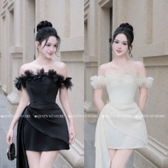 Đầm trễ vai hoa lụa chéo - Đen