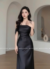 Đầm lụa trễ vai cột dây - ĐEN