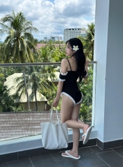 Jum bikini đen 2 dây viền trắng - Freesize dưới 55kg
