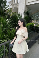 Đầm trễ vai hoa dáng xòe - Kem