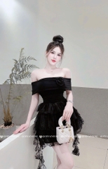Đầm trễ vai ren tua - Đen