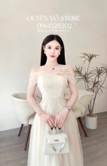 Đầm ren trễ vai phối lưới dáng dài - Kem