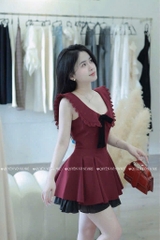 Đầm đỏ cổ sen nơ đen