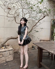 Set áo jean loang chân váy đen ren tầng