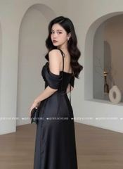 Đầm lụa trễ vai cột dây - ĐEN