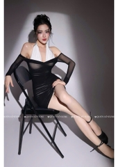 Đầm ôm body lưới phối cổ yếm