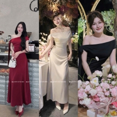Đầm lụa lệch vai buộc nơ dài - Đỏ