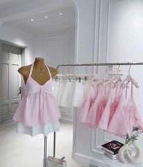 Set áo peplum sọc hồng cổ yếm chân váy xòe