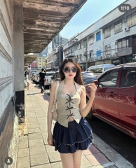 Set áo cổ yếm đan nơ x chân váy jean
