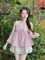 Set áo peplum sọc hồng cổ yếm chân váy xòe