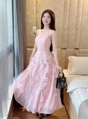Đầm xòe hồng 2 dây phối bèo