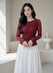 Áo ren ôm body cổ tròn tay dài - Đỏ 1505