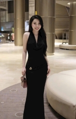 Đầm ôm body maxi thun ánh kim cổ đỗ trước