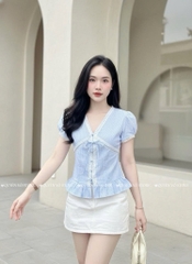 Áo sơ mi babydoll viền ren sọc - Xanh 1445