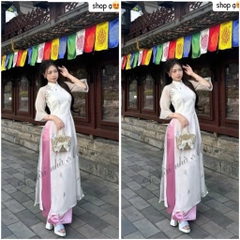 Set áo dài tơ thêu hoa hồng quần suông