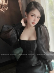 Đầm vuông tay phồng đính nơ đá - Đen - M eo 72