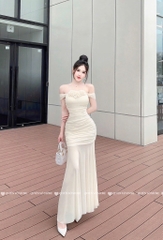 Đầm body trễ vai tà lưới - Be
