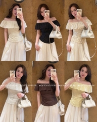 Áo thun trễ vai nhún eo