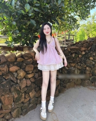 Set áo peplum sọc hồng cổ yếm chân váy xòe