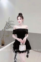 Đầm trễ vai ren tua - Đen