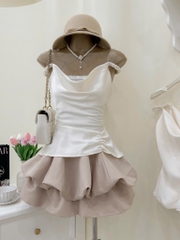 Set áo 2 dây chân váy bí nude tiểu thư