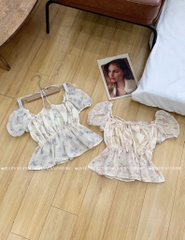 Áo nhún cổ vuông - Hoa hồng